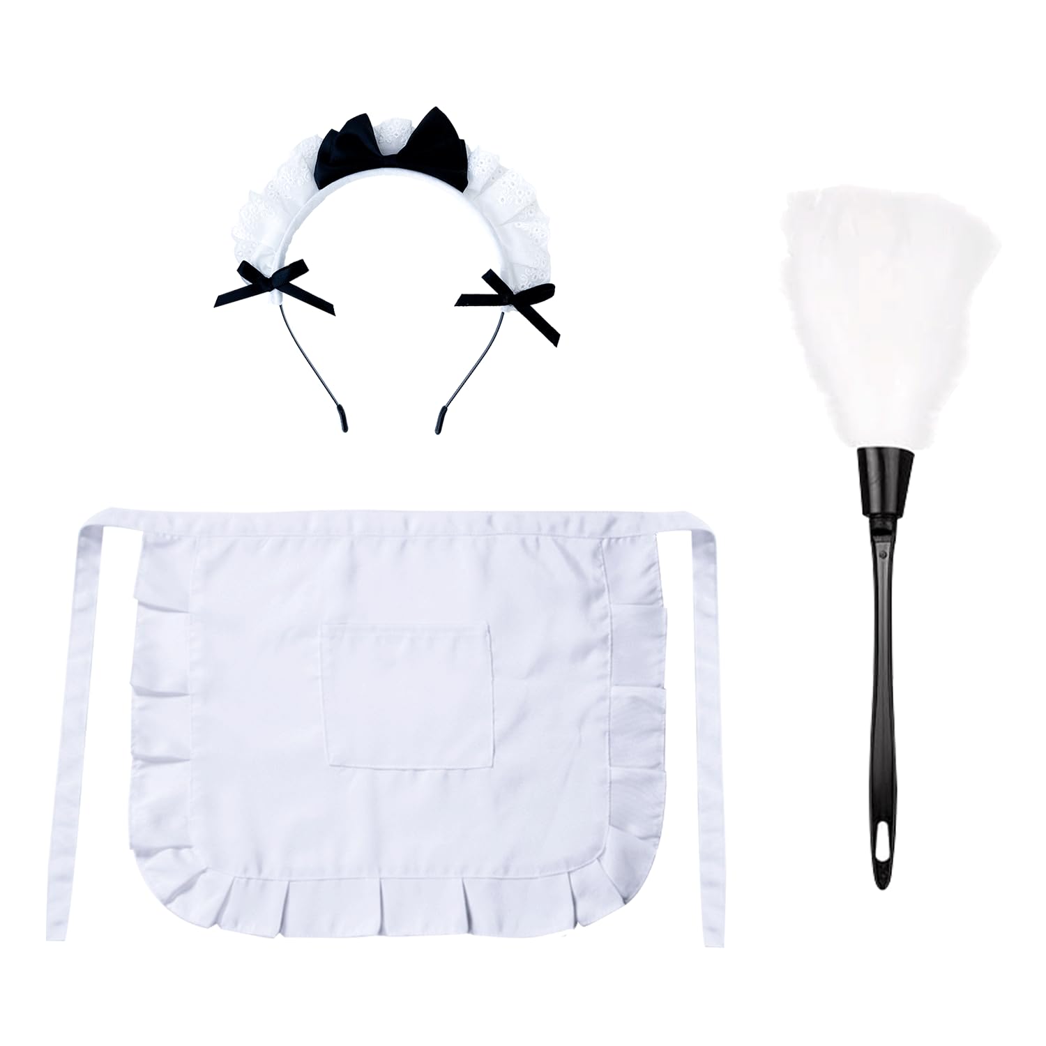 HAICN 3Pieces Maid Costume Accessories Set Halloween Feather Duster French Maid Headband Duster Retro Half Waist Maids Apron Costume Accessory Cosplay Prop for Women