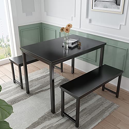 Image of AWQM Dining Room Table Set, Kitchen Table Set with 2 Benches, Ideal for Home, Kitchen and Dining Room, Breakfast Table of 47.2x28.7x29.5 inches, Benches of 41.3x11.8x17.7 inches, Black
