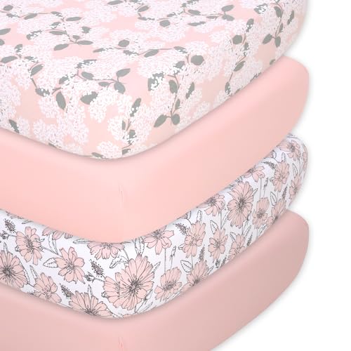 Image of The Peanutshell 4-Pack Fitted Organic Crib Sheet Set - Soft & Breathable Baby Girl or Boy Crib Sheets, 100% Jersey Cotton Nursery Decor, Fit for Standard Crib Mattress Sheet - Cottage Floral