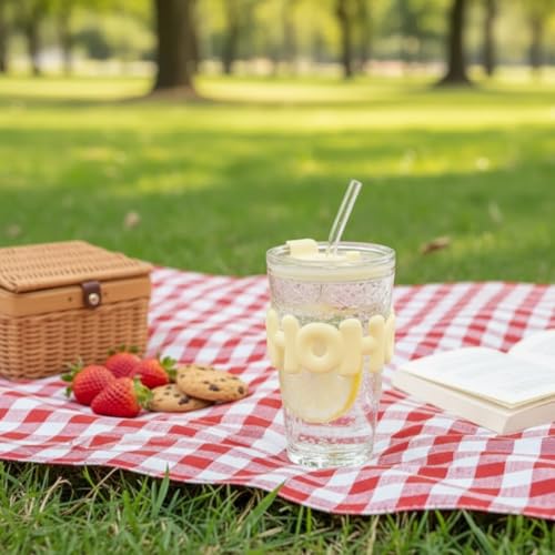 Image of Glass Sipper Tumbler with Straw | Set of 2 | 450ml Stylish Cup for Cold & Hot Drinks | Reusable Travel Mug for Office, Gym, Home (Transparent, Yellow)
