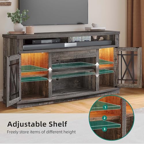 DWVO LED Farmhouse Television Stand for Living Room, 32'' Tall Entertainment Center for 65/55 Inch TV, Media Console TV Table with Storage Cabinet, Adjustable Shelf and Glass Doors, Dark Rustic Oak