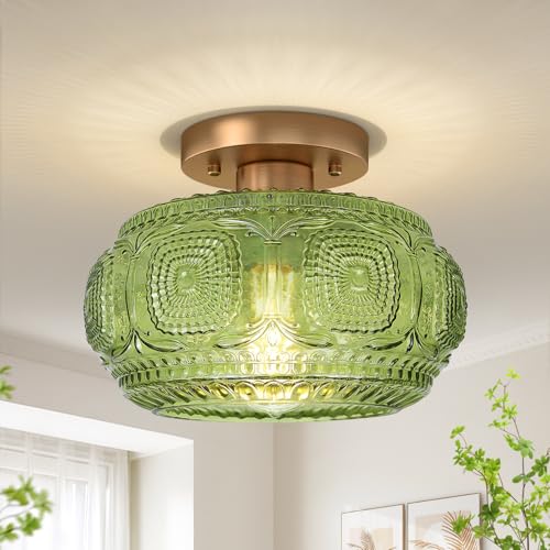OYKYOHEI Semi Flush Mount Ceiling Light, Green Globe Glass Ceiling Light Fixture, Art Deco Kitchen Lighting fixtures Ceiling for Hallway Porch Corridor Bedroom, Bulb Not Included