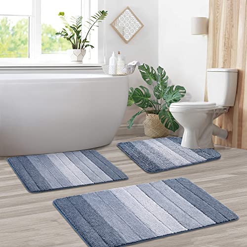 Ombre-Badteppich-Set, rutschfest, U-förmig, schnelltrocknend, ultraweich, wasserabsorbierend, Teppich für Badezimmer, Schlafzimmer und Wohnzimmer, maschinenwaschbar, blaues Dekor
