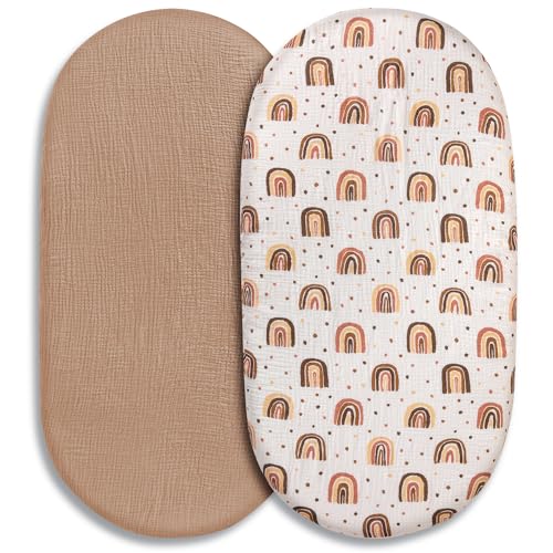 Image of Muslin Bassinet Fitted Sheets, 2 Pack for Baby Boy and Girl, Soft Breathable Stretchy Baby Pad/Mattress Sheet Set, Universal Fit for Hourglass Oval and Rectangle Bassinet Mattress (Cute Rainbow)