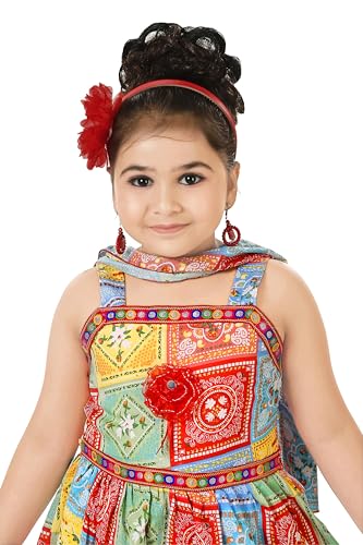 Image of Colourful Ethnic Printed Dress, Dhoti Pant & Dupatta Set for Girls