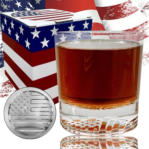 American Flag Whiskey Glasses - Flag Bottom 12oz Bourbon Glass, Whiskey Gifts For Men Dad, Memorial Day Patriotic decorations, Fathers Day, Retirement, Birthday (Glass-Blank, Whiskey)
