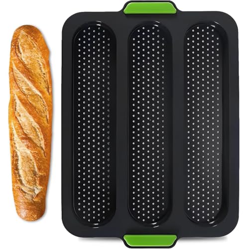 TRLREQ Baguette Baking Tray, 3 Cavity French Bread Pan, Non-Stick Perforated Mould, Mould Perforated Baking Pan for Loaves Grey
