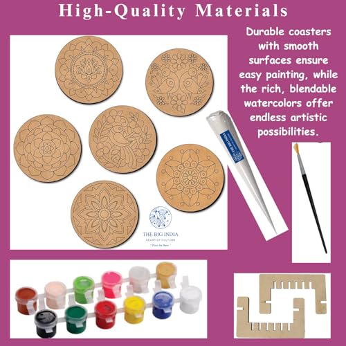 Image of Mandala Tea Coaster Kit | Lippan Art Coaster | Set of 6 with 12 Colors, 1 Brush & 1 Mouldit Clay Cone |DIY Painting Craft Kit for Adults & Kids