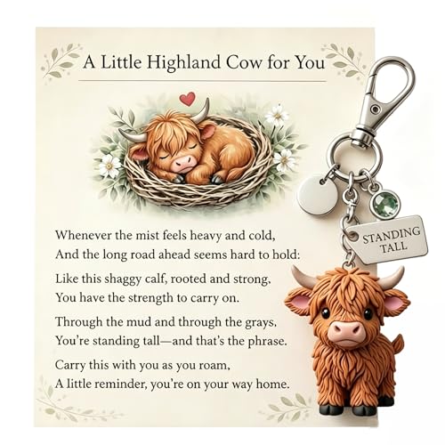 A Little Highland Cow For You Keychain 3D Cow Keychain Resin Charm with Sentiment Card with Birthstone (A)