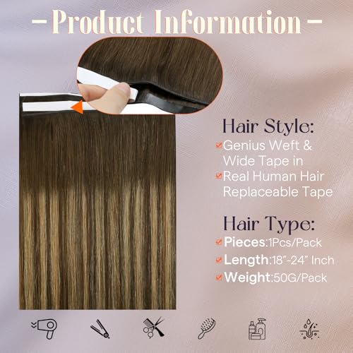 Image of Full Shine Tape in Weft Hair Extensions Human Hair, 24 Inch 50g | Brown to Caramel Blonde Balayage Highlights, Seamless Blend Double Sided Tape Hair Extensions, Natural Length for Short Hair