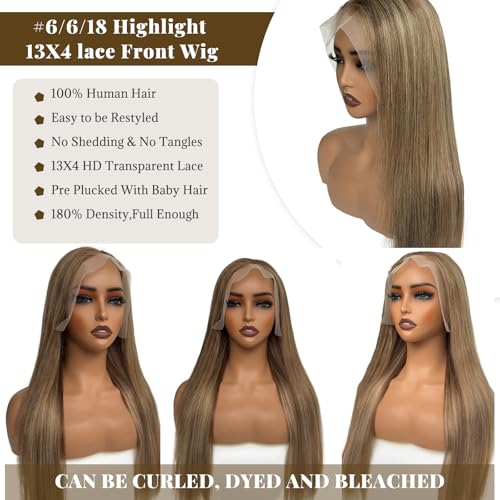 Image of Belaved Ombre Ash Brown Lace Front Wigs Human Hair HD Frontal Wig Human Hair Dark Brown Roots Pre Plucked Glueless 180% Density Seamless Highlights 13x4 Straight for Women 22 Inch 6T6P18