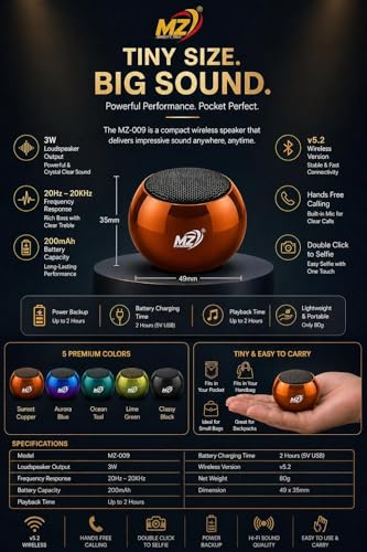 Image of Mini Bluetooth Speaker 3W Portable Wireless Speaker with Deep Bass, Bluetooth 5.2, Built-in Mic, Pocket Size Sound Box, 2 Hours Playtime, Ultra Compact (Sunset Copper)