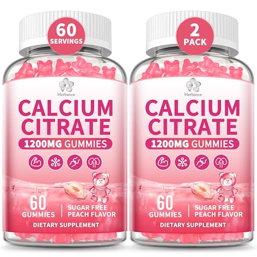 Pure Calcium Citrate 1200 mg Gummies for Adults Kids High Absorption Calcium Supplements for Women & Men Sugar Free Non-GMO Gluten Free Supports Bone Teeth Muscle & Immune - Peach Flavor 2 pack.