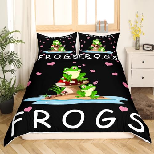 Homemissing Cute Frog Bedding Set Cartoon Frog Mushroom Double Size Comforter Cover for Kids Boys Girls Teens 3D Animals Forgs Duvet Cover Breathable Quilt Cover Black