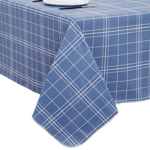 Image of Heavy Duty Vinyl Tablecloth with Flannel Backing Waterproof Oil-Proof Plastic Table Cloth Stain-Resistant Wipeable Rectangle or Square Table Cover for Indoor and Outdoor (Blue Grid,60x102 Inch)