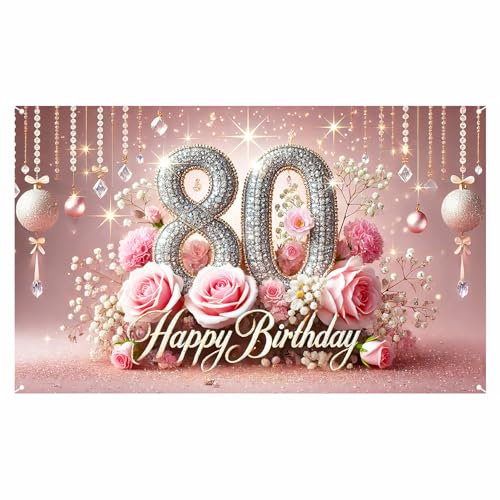 Image of Nuxovilar 80th Birthday Banner - Elegant Pink & Gold Floral Backdrop