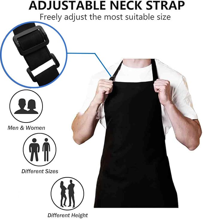 SUJIBHI Kitchen Apron Adjustable Cotton Apron with 2 Pockets Cooking Kitchen Chef Women Men Aprons for Women Men Home Kitchen Baking Butchers BBQ Restaurant Coffee House (Black) - Image 3