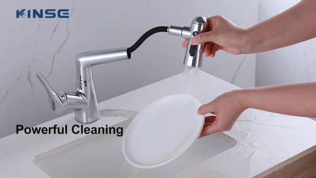 KINSE Bathroom Faucets One Hole with Pull Out Sprayer, Bathroom