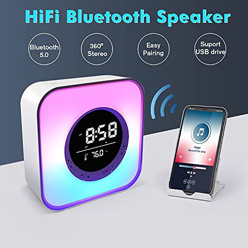 Fivehome Night Lights Bluetooth Speaker Alarm Clock, For Teenage Girls Boys, Touch Control Dimmable Multi-Color Bedside Lamp, Mp3 Player, Bedroom Alarm Clock For Adult Deep Sleeper #TOP1