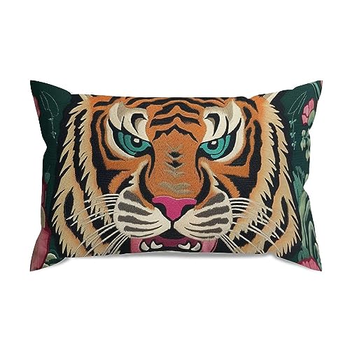ArogGeld Tiger Pillow Colorful Tibetan Tiger Euro Sham Pillow Covers Chinoiserie Style Pillow Case Asian Throw Pillow Cushion Cover 12x20in Farmhouse Pillowcase Home Decor for Sofa Living Room Bedroom