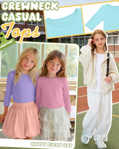 Image of 4 Pack Girls 3 /4 Sleeve T Shirts Kids Crewneck Elbow Sleeve Casual Tops Solid Basic Cute Teen Tees 5-14Y