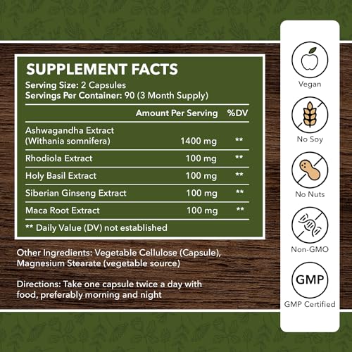 Board Certified Internist's Recommendation, Ashwagandha, Rhodiola, Maca Root, Siberian Ginseng, Holy Basil: 5:1 Blend of adaptogens for Relaxation,Sleep,Energy - 90 Days Supply, 180 Capsules - Image 3