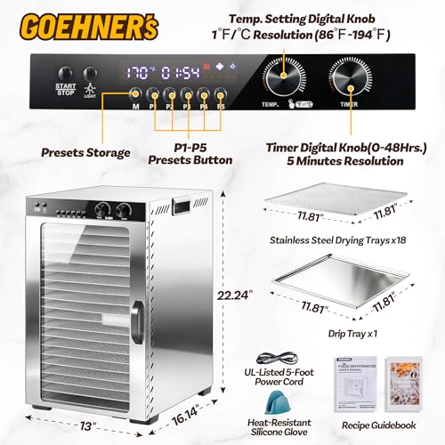 Image of Food Dehydrator Machine 18 Stainless Steel Trays, 18ft Meat Dehydrator for Jerky Up to 194F Temperature Control and 5 Presets and 48H Timer, 1000W Food Dryer for Dog Treats, Herbs, Fruit and Veggies