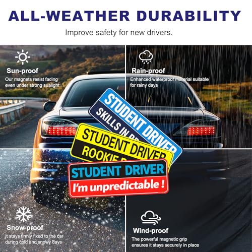 Image of KVAEY 3 PCS Student Driver Magnet for Car, Clear Visible Reflective Magnetic Sticker Set, Removable Funny Weather Resistant Novice Rookie Safety Attention Sign for Bumper & Windows (Blue)