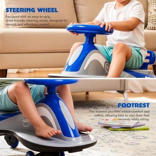 Image of Baybee Pluto Kids Swing Car | Twister Ride on Toy Car with LED Lights, Built-in Music & Scratch Resistant PP Wheels | Push Ride on Toy Kid Car | Magic Push Car for Boys & Girls 3-8 Years (Blue)