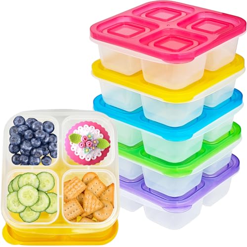 Irrmshr 5 Pack Reusable Plastic Snack Bento Boxes,4-Compartment Lunch Container with Lid,Divided Food Storage Containers for School,Travel,Work