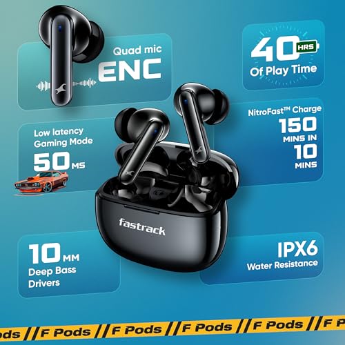 Image of Fastrack Fpods FX101|BT5.4 TWS Earbuds, 40Hrs Playtime, Quad mic ENC for Crystal Clear Calls, Low Latency Gaming Mode Upto 50ms,NitroFast Charge