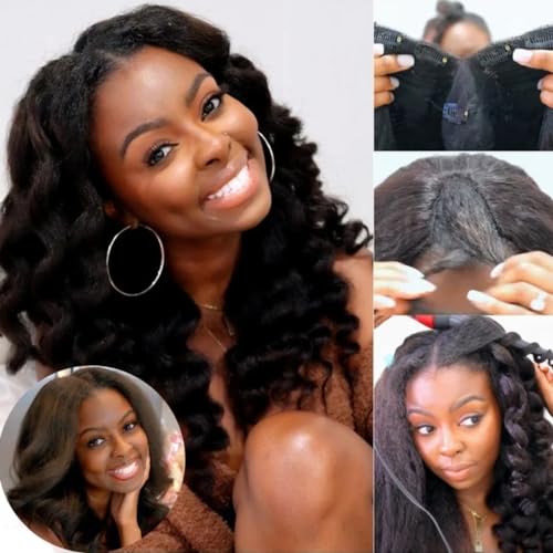 Image of KLAIYI V Part Kinky Straight Human Hair Glueless Wear and Go Wig Upgrade U Part Wigs for Women No Glue No Leave Out Yaki Straight None Lace Front Clip In Half Wig Ready to Go Beginners 24Inch