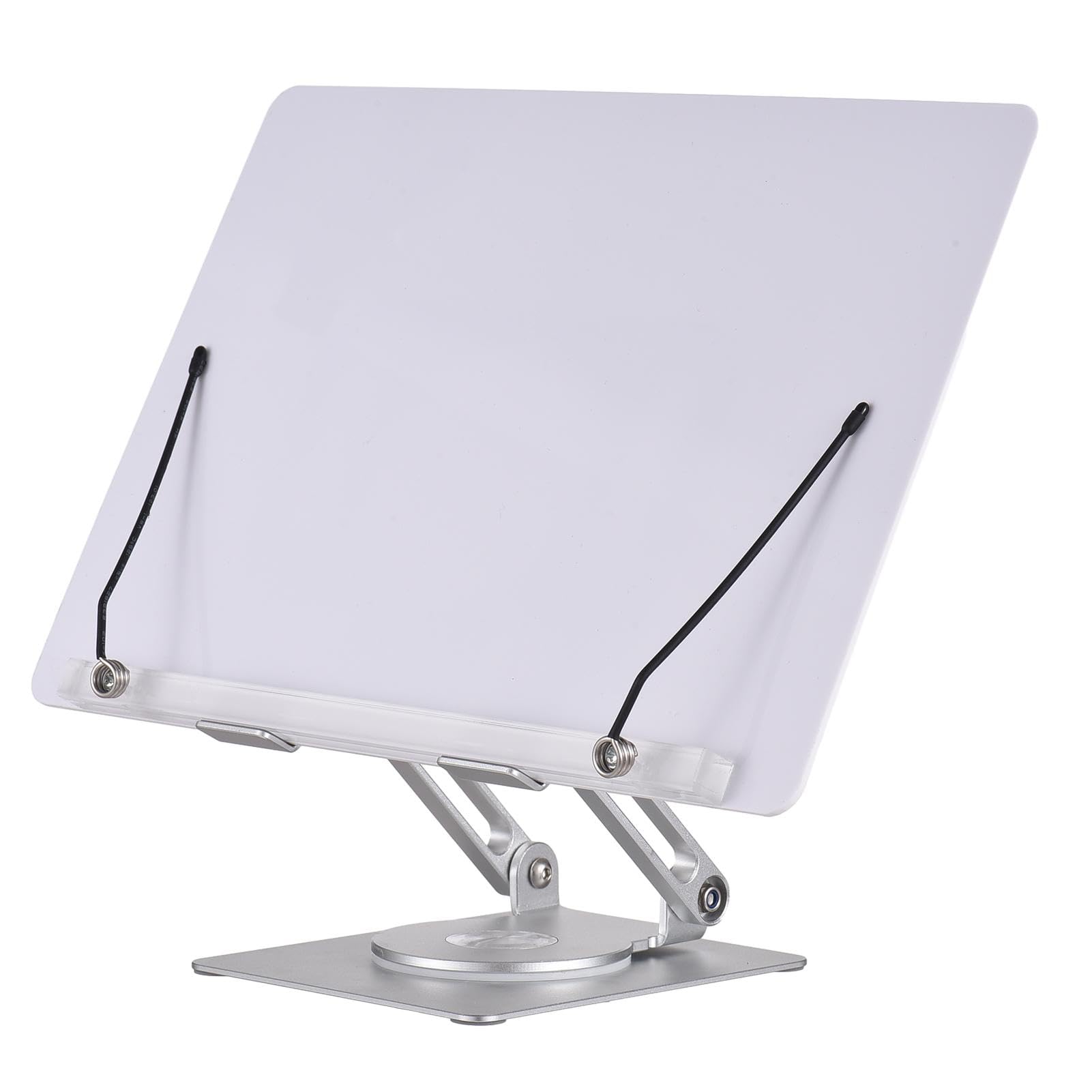 Jemora Soporte de escritorio para libros para lectura con base giratoria de 360° y clips de página plegable y ángulo ajustable para soporte de libros de cocina, libros de texto, recetas, revistas,