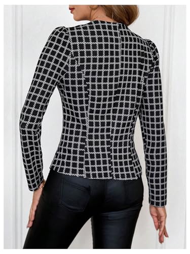 SweatyRocks Women's Plaid Jackets Puff Long Sleeve Button Office Suit Jacket Outerwear2
