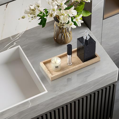 Image of Real Natural Travertine Tray for Bathroom, Vanity, Kitchen and Desktop, Rectangle Genuine Marble Stone Tray for Jewelry, Cosmetics, Candles, Lotion, Perfume and Home Decor, 12 inchx5 inch Size