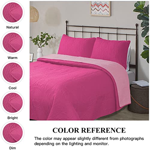Bedream 3 Pieces Reversible Oversized Bedspread Set Queen, Hot Pink Light Weight Ultrasonic Embossed Quilt Set With Coin Medallion Pattern, Modern All Season Solid Coverlet For Bedroom, Microfiber #TOP5