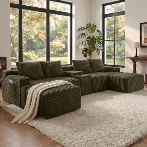 Image of 140 inch Modular Sectional Sofa, U-Shape Corduroy Boneless Couch Brown