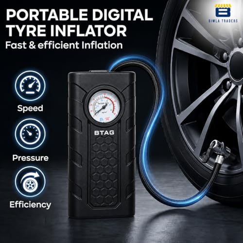 Image of Btag Portable Digital Tyre Inflator for Car & Bike - Compact Air Pump Compressor with Pressure Gauge, Fast Inflation - Ideal for Tyres, Balls & Inflatables. Pack of 1 (AU002 Black)