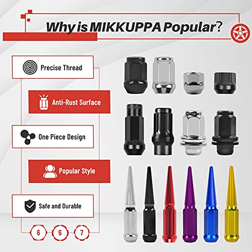 Image of MIKKUPPA M14x1.5 Wheel Spike Lug Nuts, 32 PCS Red Spiked 14mmx1.5 Solid 4.4 inch Tall Acorn Lug Nuts with 1 Socket Key Replacement for Chevy Silverado 1500 2500 3500, F-150 F-250 F-350