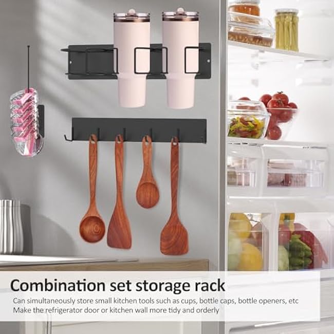 Carbon Steel Magnetic Cup Holder,Space Saving Fridge Tumbler & Water Bottle Organizer,Handle Water Magnetic Bottle Organizer with 5 Hooks for Kitchen Fridge