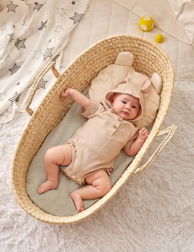 Image of Momcozy Muslin Fitted Bassinet Sheet, 2 Pack Soft Breathable Natural Cotton 32 inchx16 inch Baby Cradle Mattress Sheet, 360 Mattress Wrapping No Slip Boys Girls Neutral Bed Sheet, Small, Green & Grey