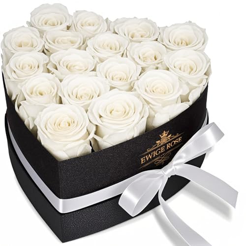 QHHENTOO 17 Stück Ewige Rosen in Herzbox - Echte Rosen, Geschenke für Frauen zum Valentinstag, Muttertag, Weihnachten, Geburtstag, Hochzeitstag (Weiß)