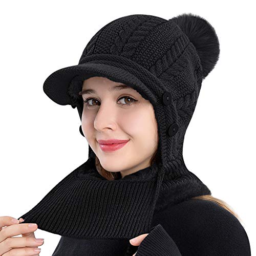 Gorra de protección para los oídos de las mujeres con ala de una pieza Fleece Beanie Sombreros Bufanda Máscara de invierno cálido Sombrero de punto (negro)