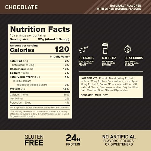 Image of Optimum Nutrition Gold Standard Whey Protein Powder, Chocolate, 1.05 LB | 24g 100% Whey Protein Per Serving, Naturally Flavored, Gluten Free, Easy Mixing, No Artificial Flavors, Colors, or Sweetners
