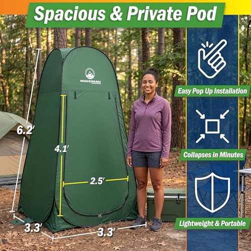 Image of Wakeman Pop Up Changing Tent, 3.3 x 3.3 x 6.2ft, Camping Shower Tent for Portable Toilet Stall or Dressing Room with Carry Bag for Camping, Beach, or Tailgate, Polyester