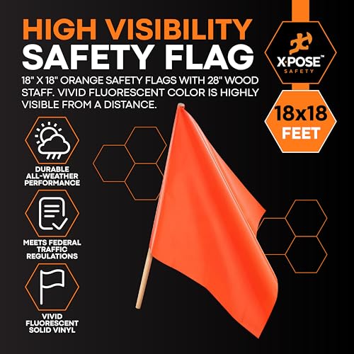 Image of Xpose Safety Orange Vinyl Safety Flags 18 inch x 18 inch with 28 inch Wooden Staff, 4 Pack - High Visibility Warning Flags for Road Work, Traffic Control, Parking Lots & Emergency Response
