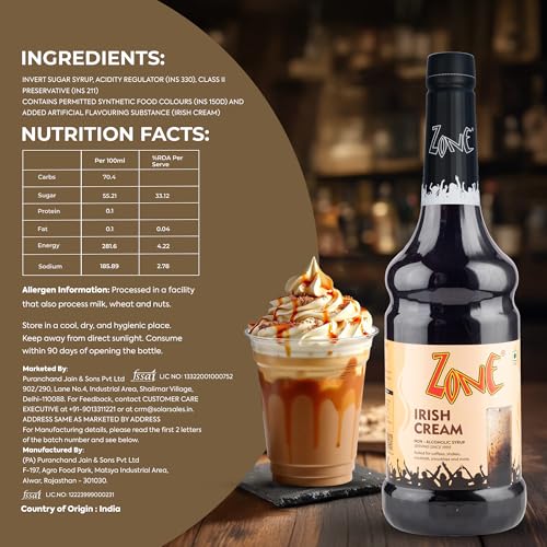 Image of Zone Flavoured Syrups 1000ml - Premium Cafe-Style Syrups for Mocktails, Cocktails, Milkshakes, Coffees, Iced Teas, Sodas & Desserts | Perfect for Home Use, Small Cafes, Bars & Gifting (Irish Cream)