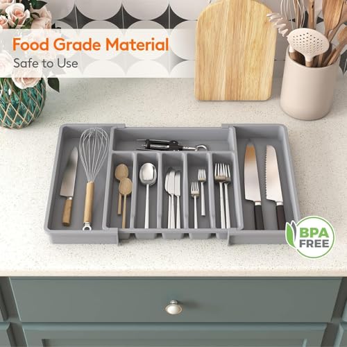 Image of Expandable Cutlery Organizer for Kitchen Drawer | Adjustable Utensil, Spoon, Fork, Spatula, Knife Storage Plastic Divider Tray 8 Compartments | BPA Free - Grey