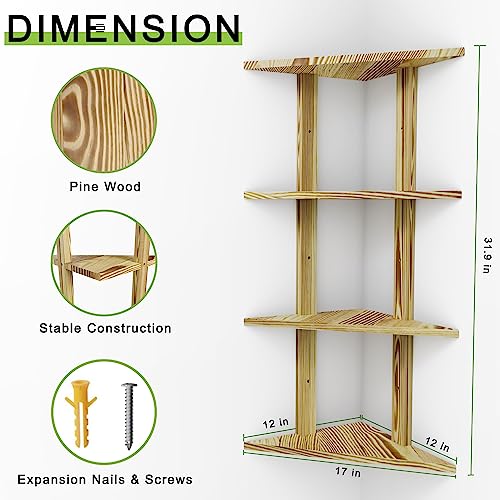 Estantes de esquina de madera rústica de 4 niveles con diseño triangular flotante 4