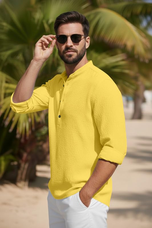 Image of Men's Cotton Blend Short Kurta with Collared Neck Full Sleeves Solid Pattern Western Style Regular Fit and Standard Length